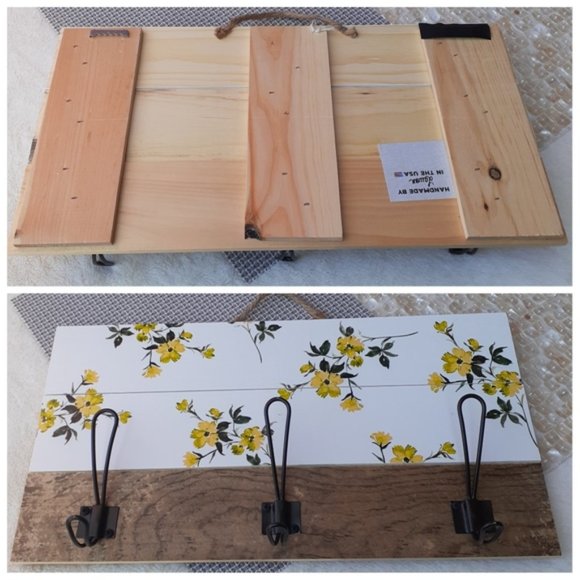 Rustic Farmhouse Wall Hanging Hooks Yellow Flower USA Made Gift Idea NEW - Picture 2 of 10